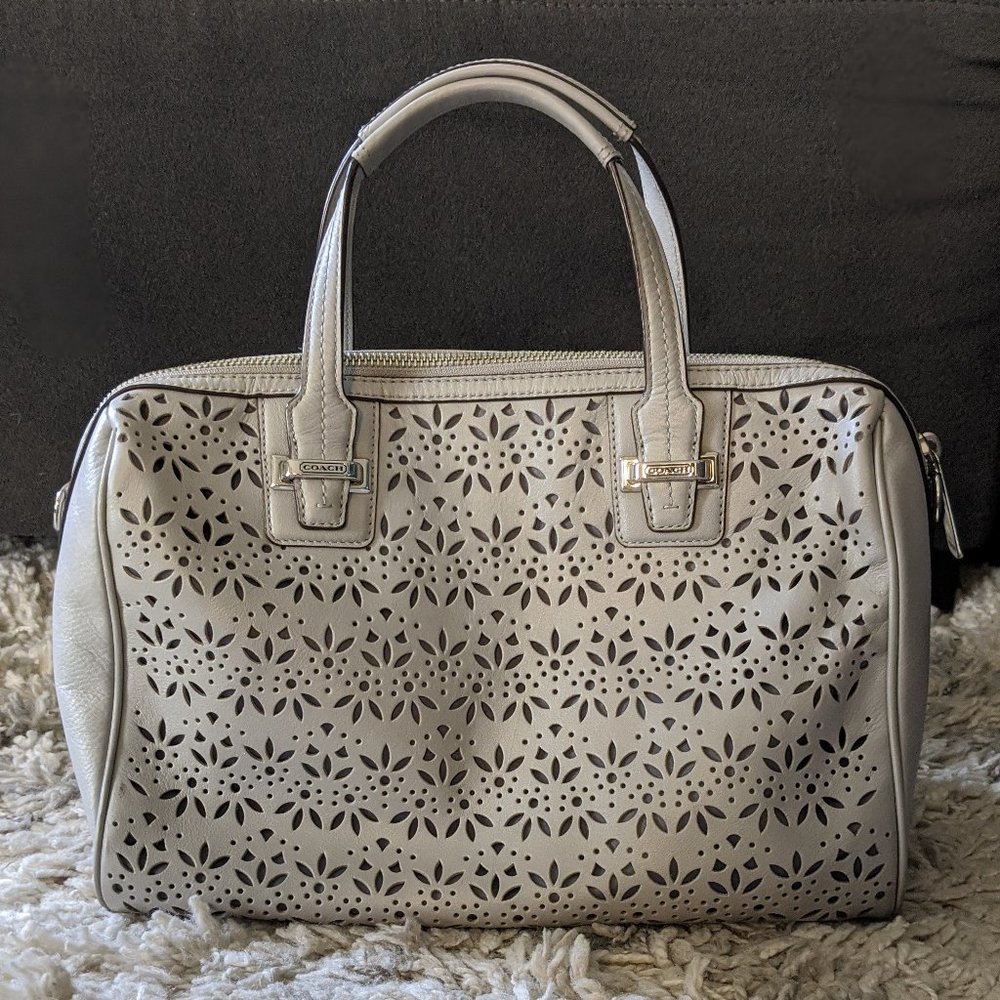 Coach gray laser cut leather bag